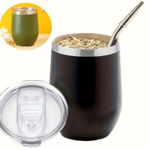 1/2Set Here & Now Yerba Mate Cup and Bombilla Set | Mate Gourds, Spill Resistant Lids, & Mate Straws | Bombilla Brush & Pouch Included | Yerba Mate Gourd Kit with Bombilla Mate & Mate Tea Cups (Black)