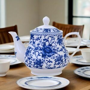 1pc Large Capacity Teapot, 33.82oz / Approx. 1000ml, Blue Floral Pattern, Elegant Chinese Style Kettle – Perfect for Home Gifts or Christmas Presents