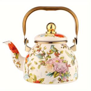 1 Set New Thickened Enamel 1.2L Teapot with Floral Bird Design, Gift Teapot, Large Round Base Teapot, Kettle for Boiling Water, Cold Water, Tea, Milk Tea, with Strainer, Compatible with Induction Cooker and Gas Stove, Suitable for Home, Restaurant