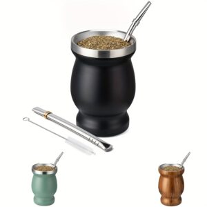 Beruth Bombilla Yerba Mate Gourd, Stainless Steel Tea Cup Set with a Multifunctional Lid, Two Straws and Cleaning Brushes, Double Walled Coffee Mug Heat Insulation Anti Scalding