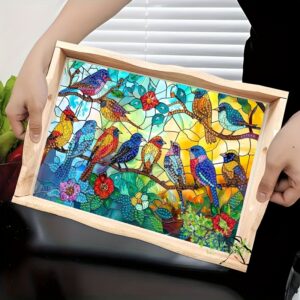 1pc DIY Vibrant 5D Mosaic Diamond Painting Bird Tray - Colorful Stained Glass Style with Floral Accents, Unique Shape for Serving Coffee, Juice, Breakfast, Desserts - Perfect for Home and Kitchen Decor, Home Decor Tray | Vibrant Mosaic Art | Wooden Tray