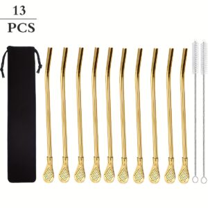 8pcs/13pcs Stainless Steel Strainer and Straw Set, Including Cleaning Brush and Storage Bag, Reusable, Suitable for Tea, Coffee, and Yerba Mate, Dishwasher Safe.