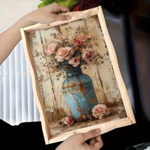 DIY Diamond Painting Tray Kit, Wooden Craft Service Tray, Round Diamonds, Full Drill, for Home Gatherings, Breakfast Serving, Coffee Tea Display, Party Supplies, Art Crafts