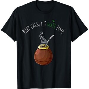 Mens Keep Calm Its Mate Time Graphic T-Shirt Black Casual Short Sleeve Tee with Yerba Mate Design, Breathable Regular Fit, Machine Washable, Crew Neck, S Stretch Fabric, Perfect for All-season Leisure and Casual Attire