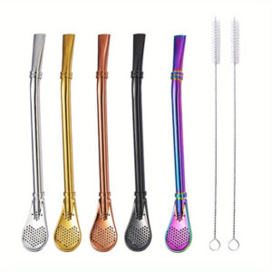 2pcs Yerba Mate Bombilla Stainless Steel Straw Loose Leaf Tea Infuser Drinking Spoons Filter Stirring Straws W Cleaning Brush