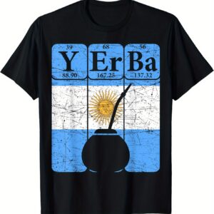 Graphic T-Shirt Featuring a Periodic Table Design Inspired by Argentine Culture, Showcasing a Mate Gourd And Chemistry Elements (Y - ER - BA). This Black Shirt with Blue Highlights Is Perfect for Fans of Yerba Mate And Chemistry Enthusiasts. It'S a